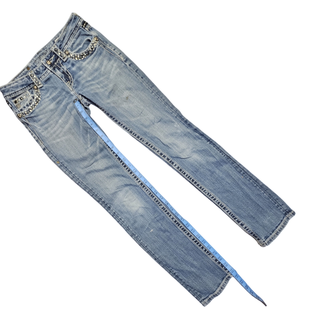 Miss Me Blue Straight Leg Jeans with Rhinestone Embellishments - Picture 5 of 8